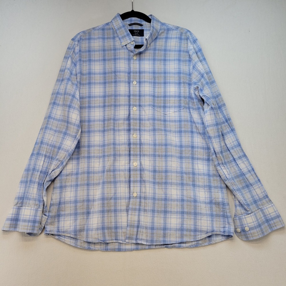 1901 Button Down Shirt Mens Large Blue Plaid‎ Trim Fit Linen Cotton Lightweight